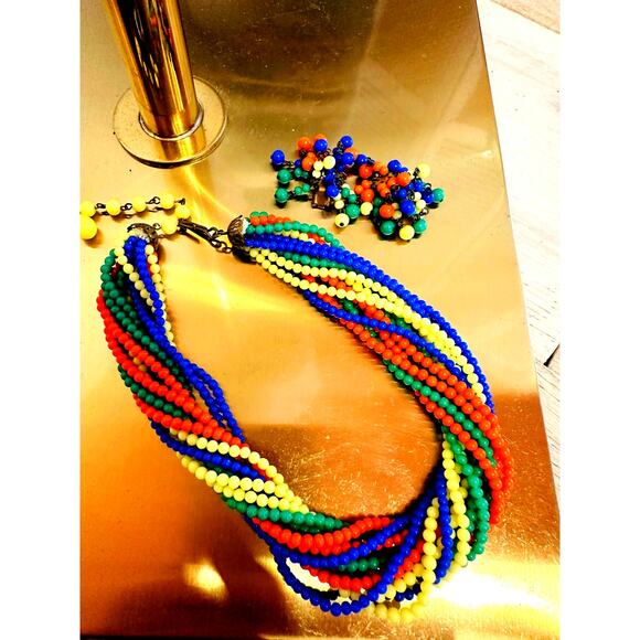 Vintage 1930s Multi Strand Necklace/Earring Set Japan Glass Beads Bright Costume - Picture 2 of 8
